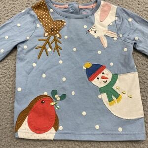 Baby Boden Shirt Girls 18-24M Blue Winter Snowman Reindeer Robin Bunny Applique